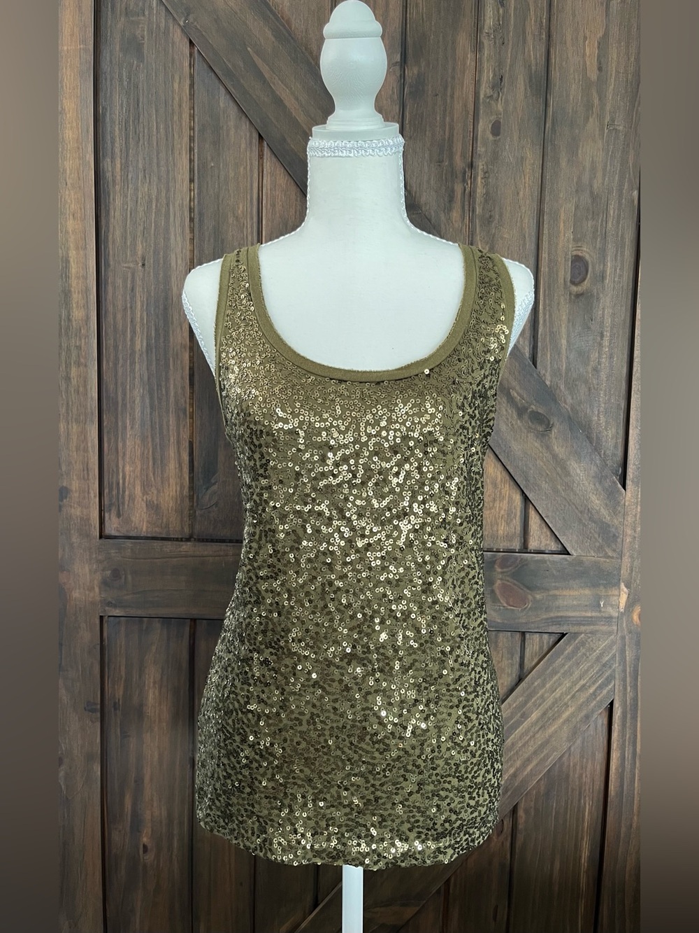 J.Crew Olive Sequin Tank Top Women's Small Style 31849 100% Cotton